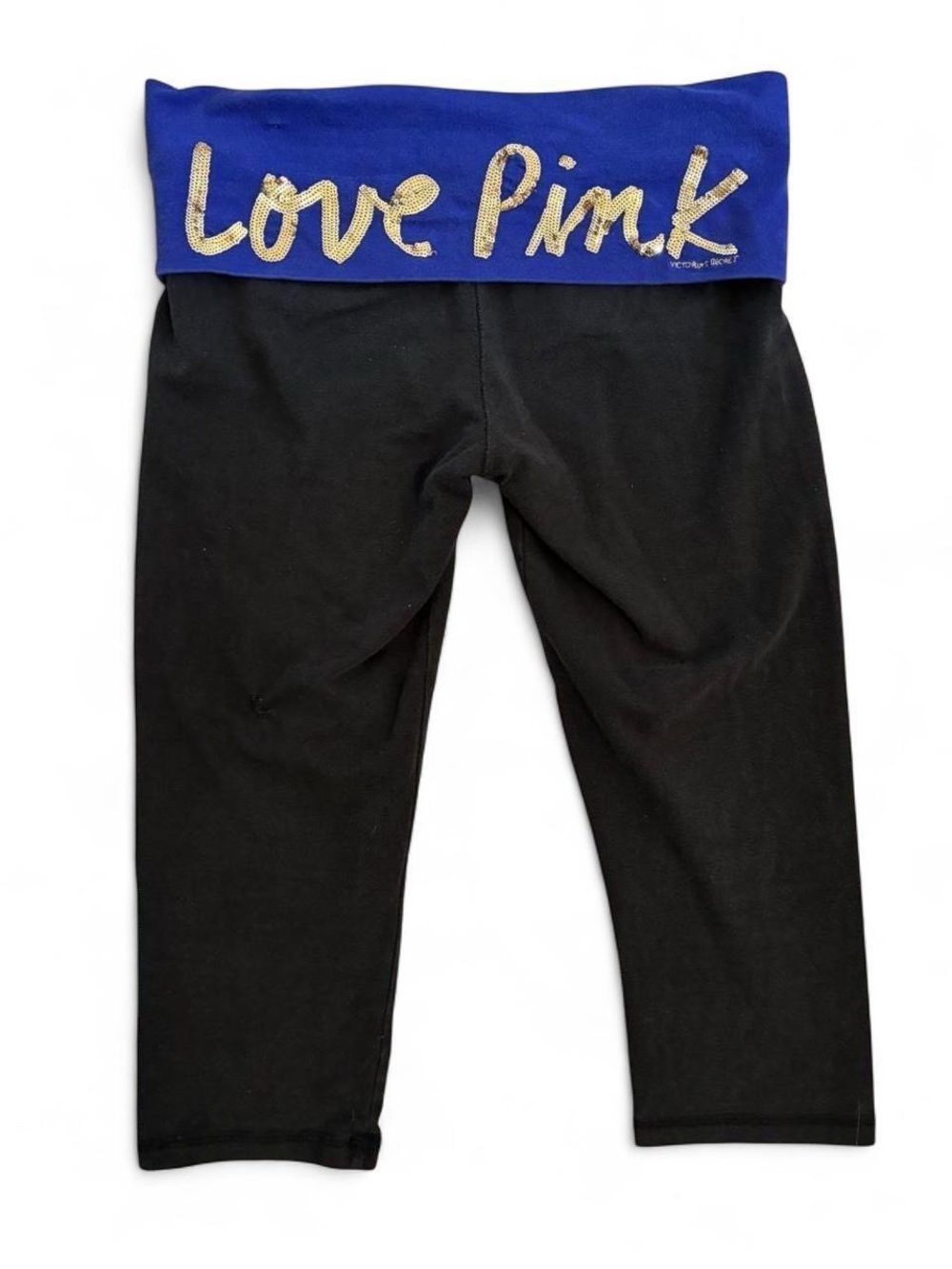 PINK Victoria's Secret Black Capri Pants with Blue Gold 'Love Pink' Waistband